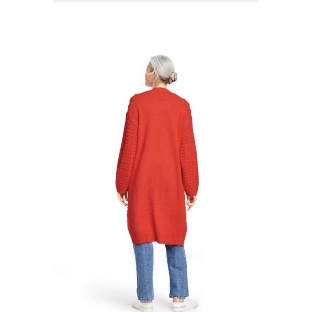 LEGO Target Women's Red Bobble Popcorn Knit Open Front Long Duster Sweater Sz M - Picture 2 of 9